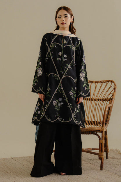 Tara-8A- Bold black embroidered lawn ensemble By- Zara Shahjahan
