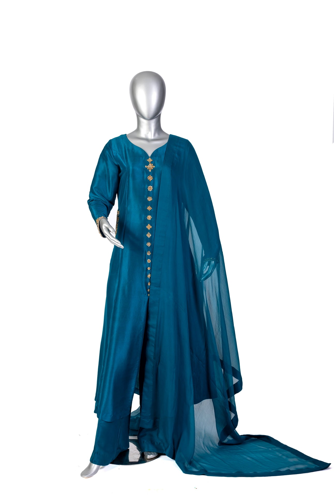 Tara teal raw silk front-open shirt with hand embellishments, straight pants, and chiffon dupatta for parties, dinner events, and formal gatherings by MariamRaj