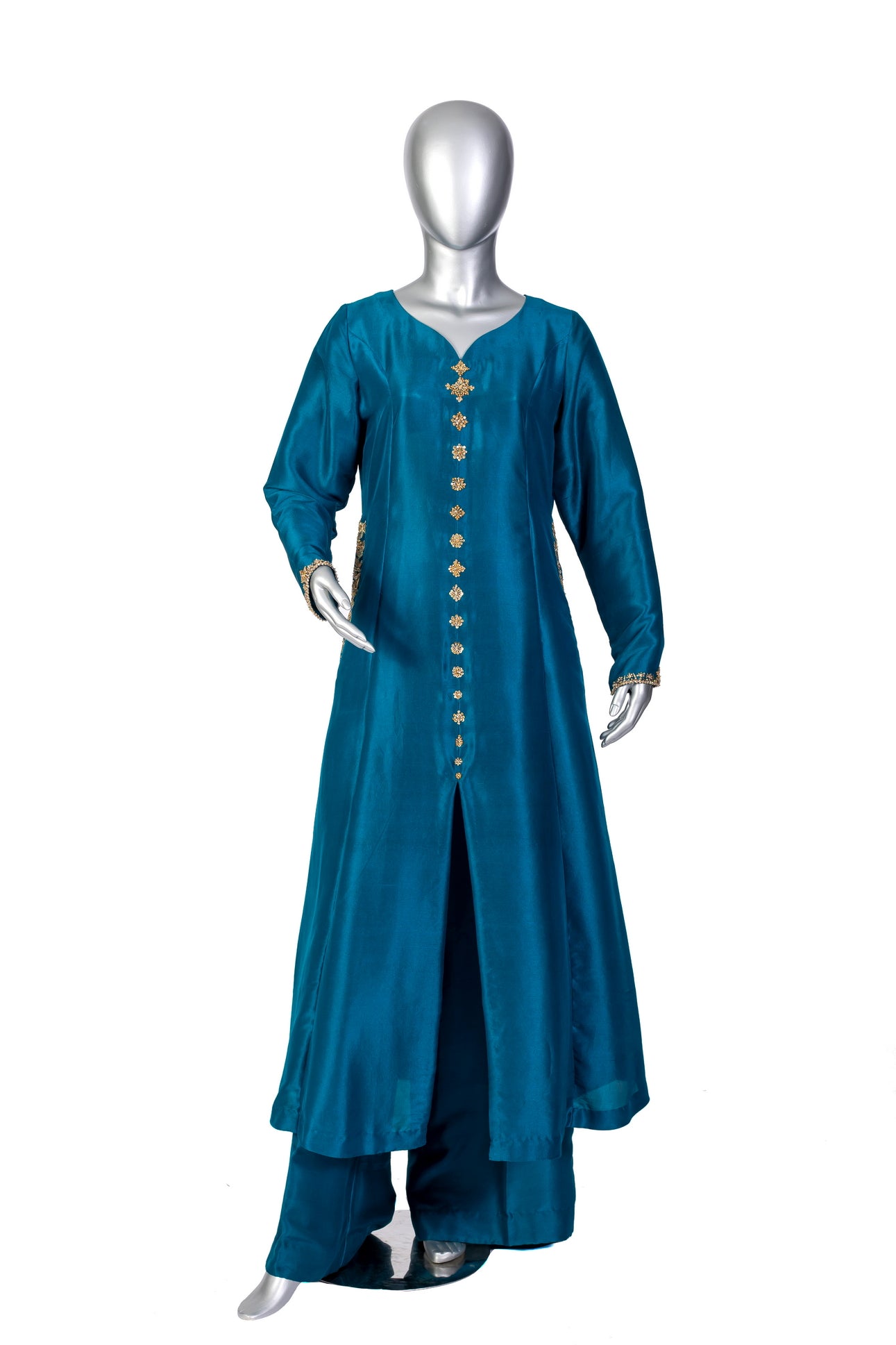 Tara teal raw silk front-open shirt with hand embellishments, straight pants, and chiffon dupatta for parties, dinner events, and formal gatherings by MariamRaj