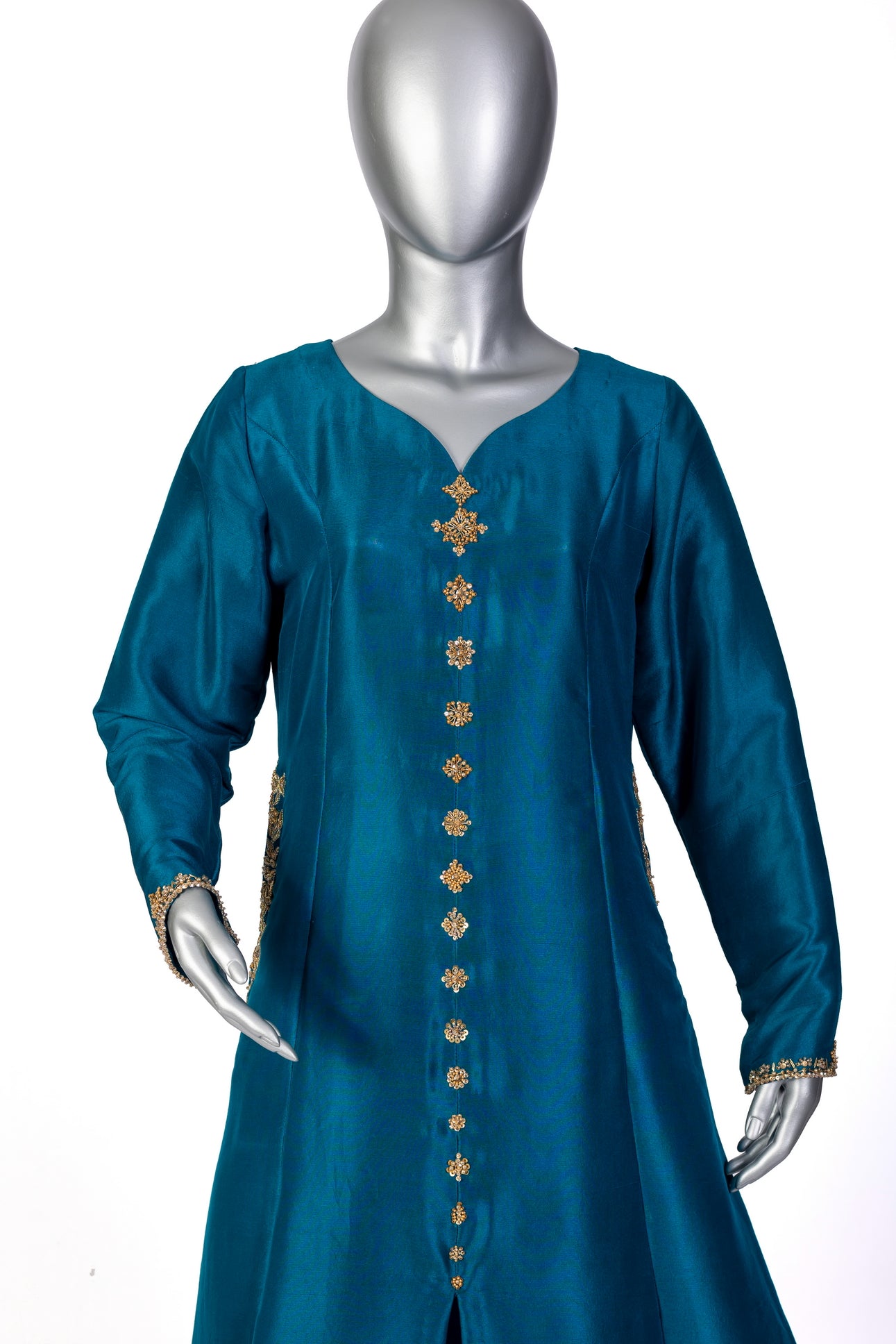 Tara teal raw silk front-open shirt with hand embellishments, straight pants, and chiffon dupatta for parties, dinner events, and formal gatherings by MariamRaj