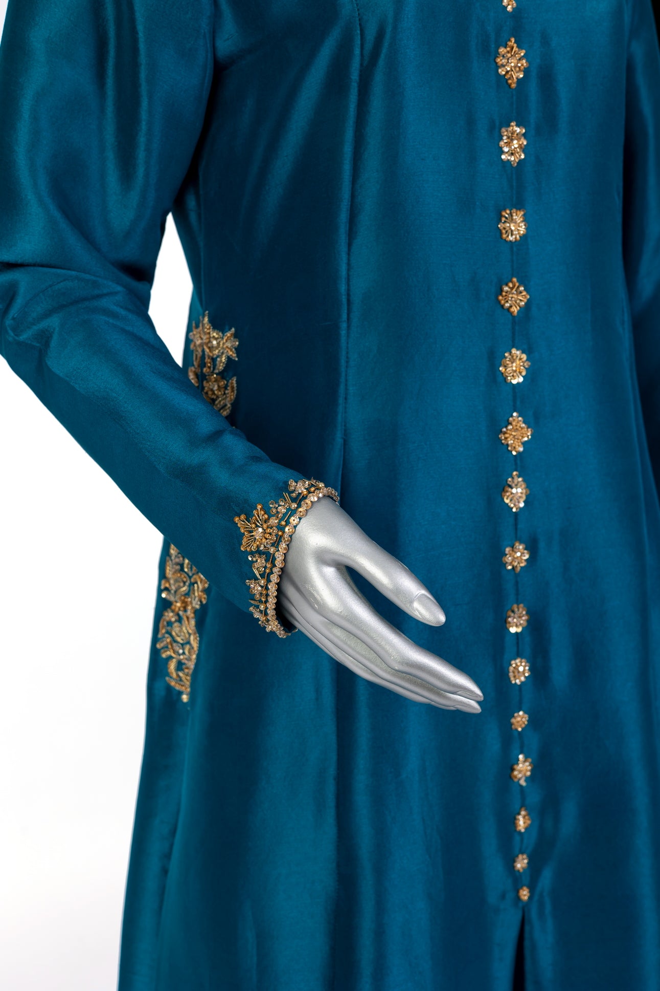 Tara teal raw silk front-open shirt with hand embellishments, straight pants, and chiffon dupatta for parties, dinner events, and formal gatherings by MariamRaj
