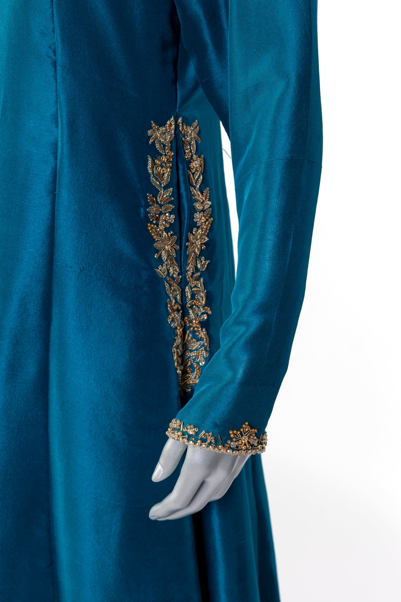 Tara teal raw silk front-open shirt with hand embellishments, straight pants, and chiffon dupatta for parties, dinner events, and formal gatherings by MariamRaj