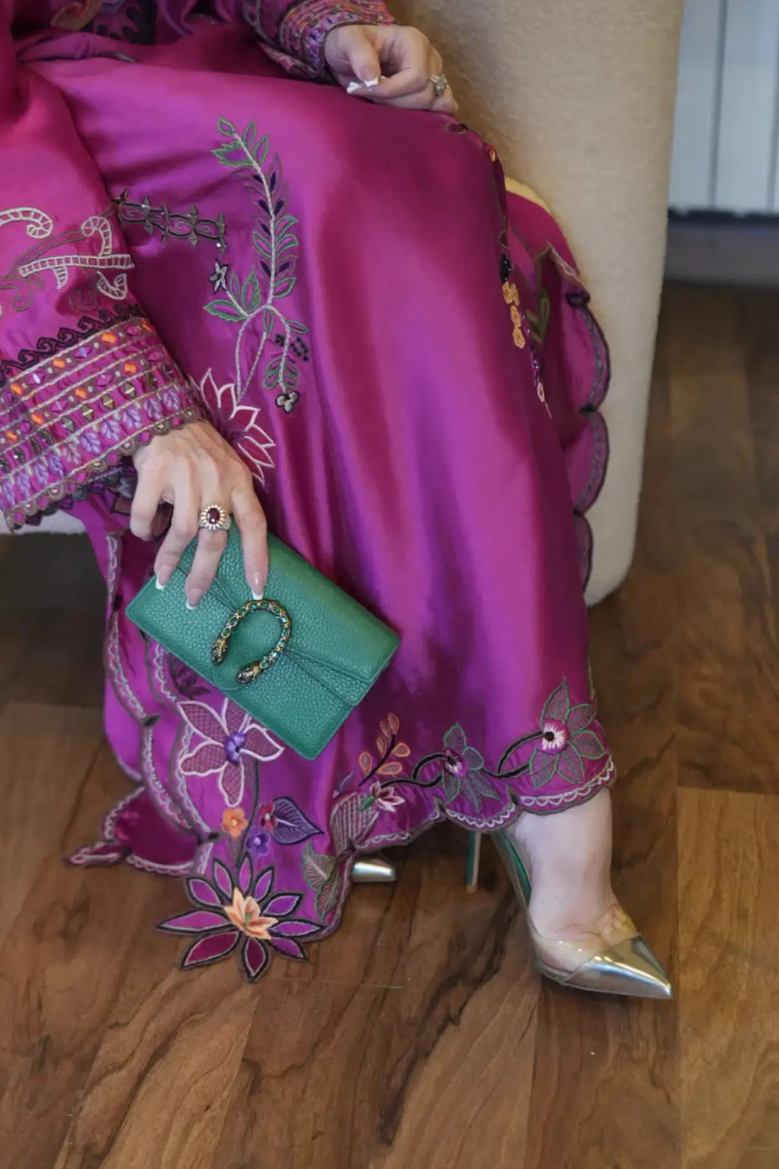 magenta sheesha silk kaftan Tasha stitched with embroidery and mirror work