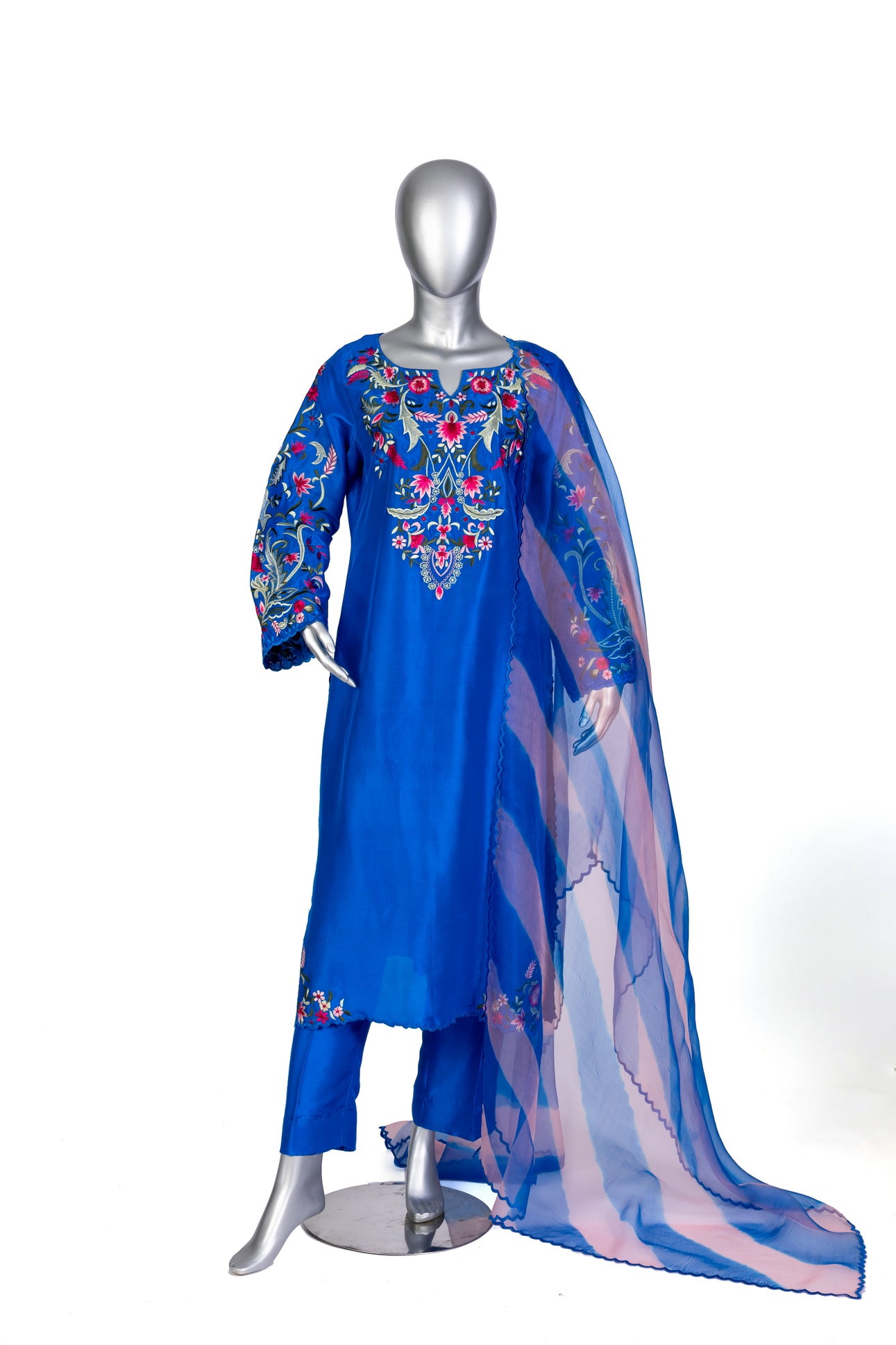 Tavisha royal blue silk outfit with long shirt, straight pants, handwork, and tie-dye organza dupatta for parties, dinners, and formal events by MariamRaj