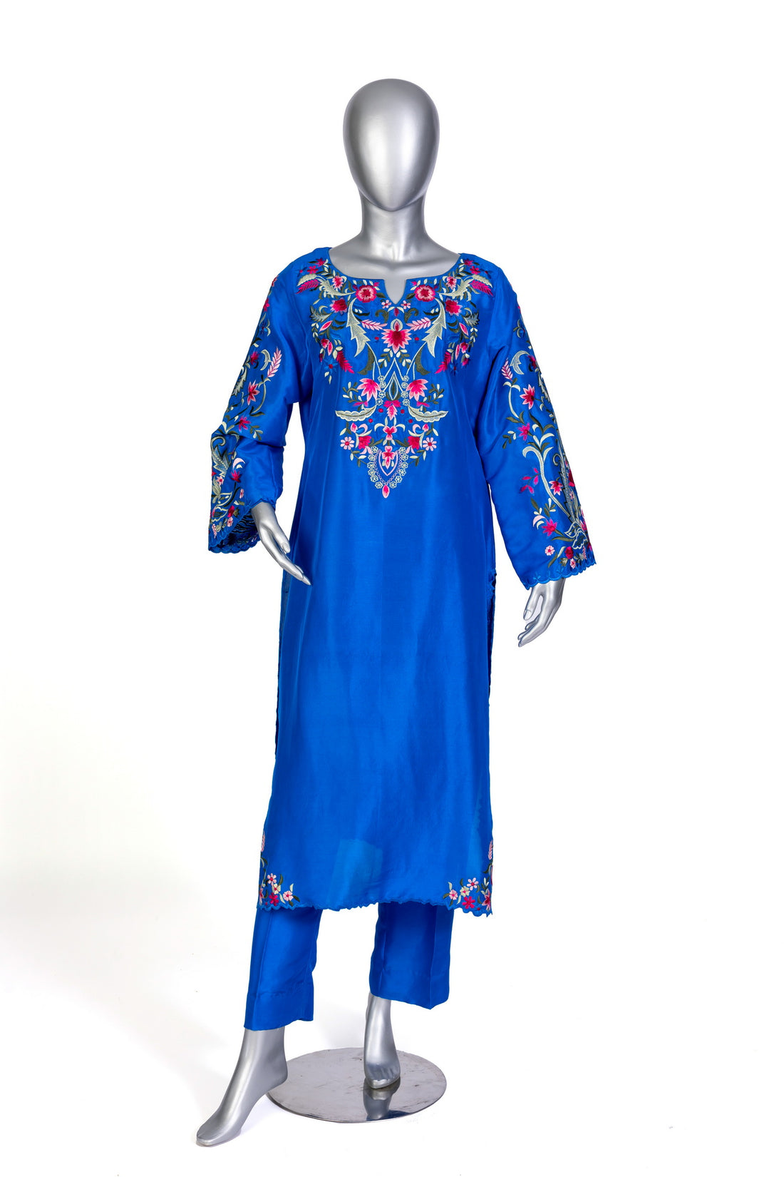 Tavisha royal blue silk outfit with long shirt, straight pants, handwork, and tie-dye organza dupatta for parties, dinners, and formal events by MariamRaj