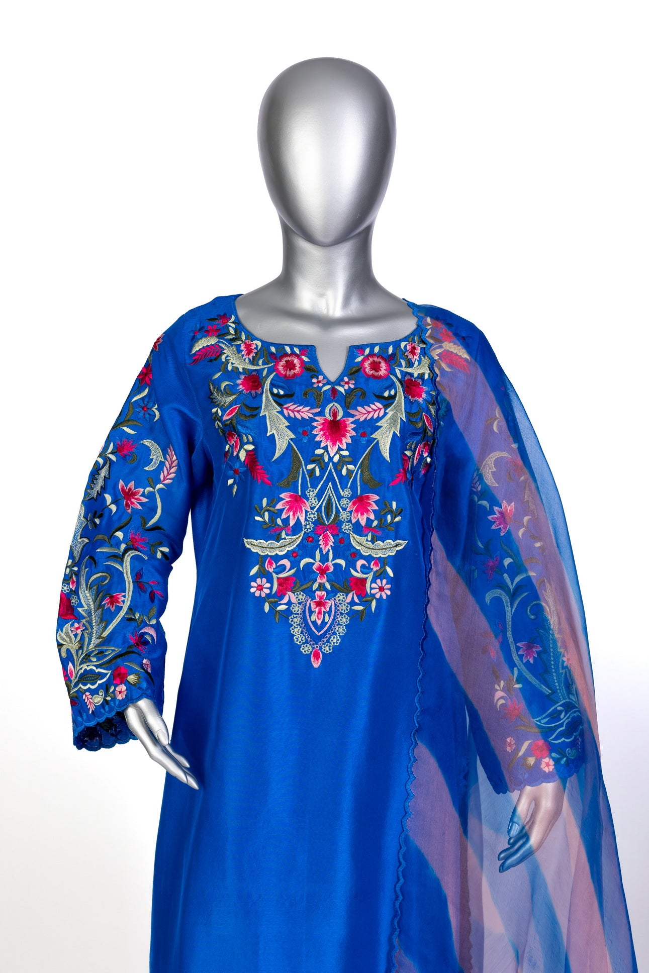 Tavisha royal blue silk outfit with long shirt, straight pants, handwork, and tie-dye organza dupatta for parties, dinners, and formal events by MariamRaj
