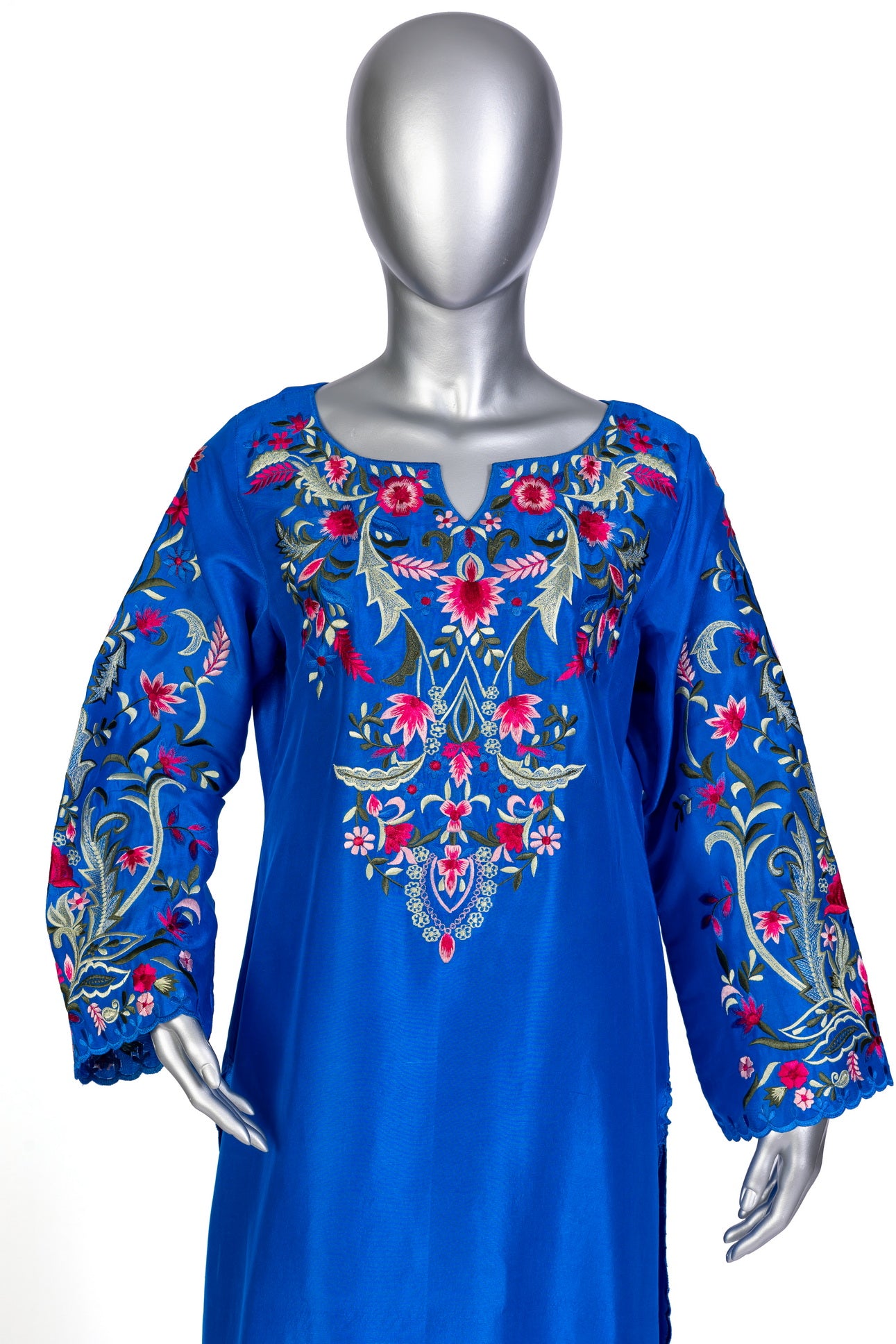 Tavisha royal blue silk outfit with long shirt, straight pants, handwork, and tie-dye organza dupatta for parties, dinners, and formal events by MariamRaj