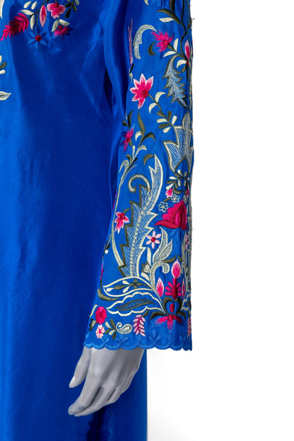Tavisha royal blue silk outfit with long shirt, straight pants, handwork, and tie-dye organza dupatta for parties, dinners, and formal events by MariamRaj