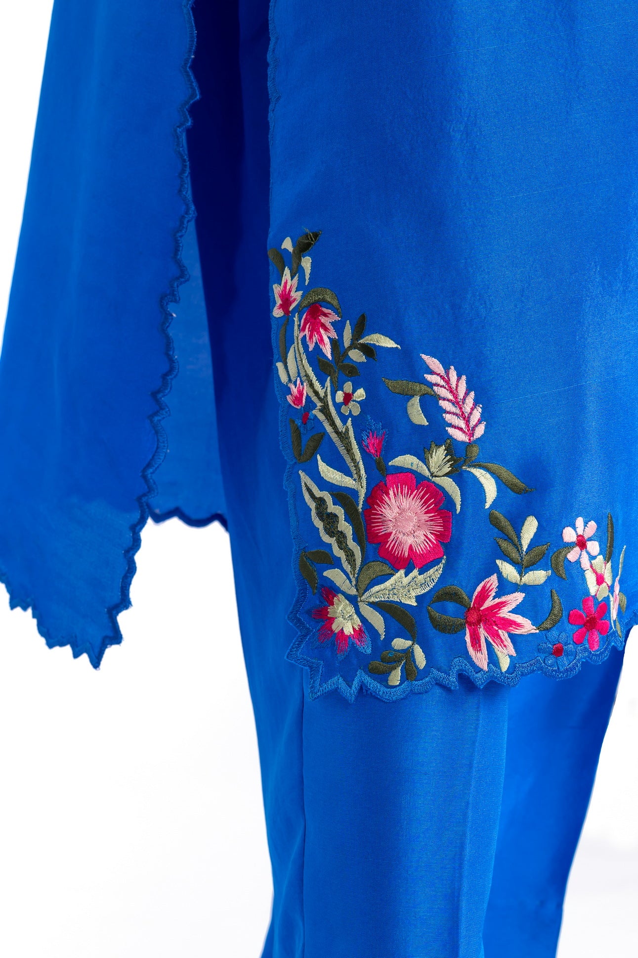 Tavisha royal blue silk outfit with long shirt, straight pants, handwork, and tie-dye organza dupatta for parties, dinners, and formal events by MariamRaj