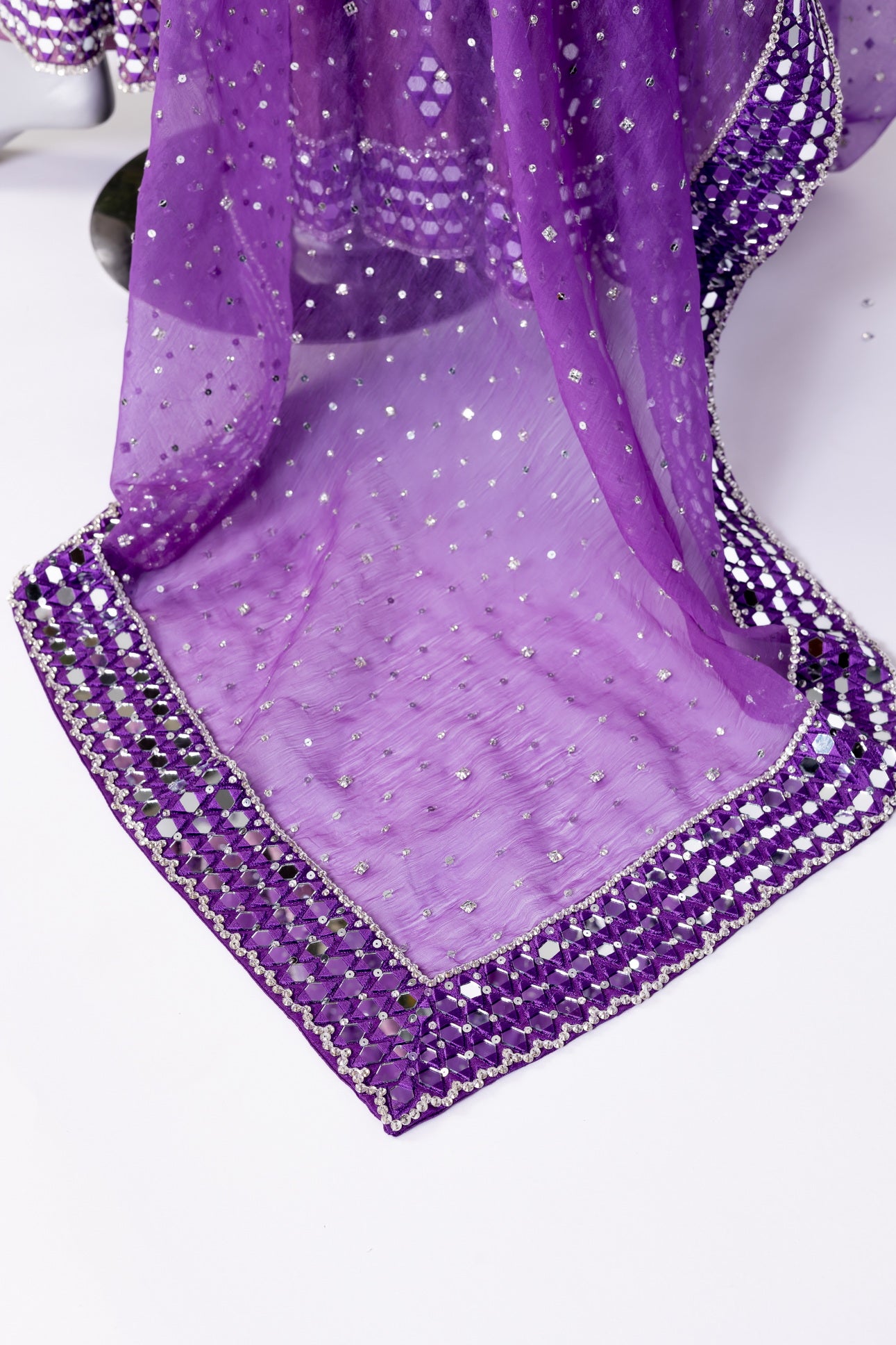 Tazkia Purple Anarkali by MariamRaj: Raw silk frock with mirror and hand embroidery, straight silk pants, organza dupatta, ideal for weddings, mehndi, and receptions