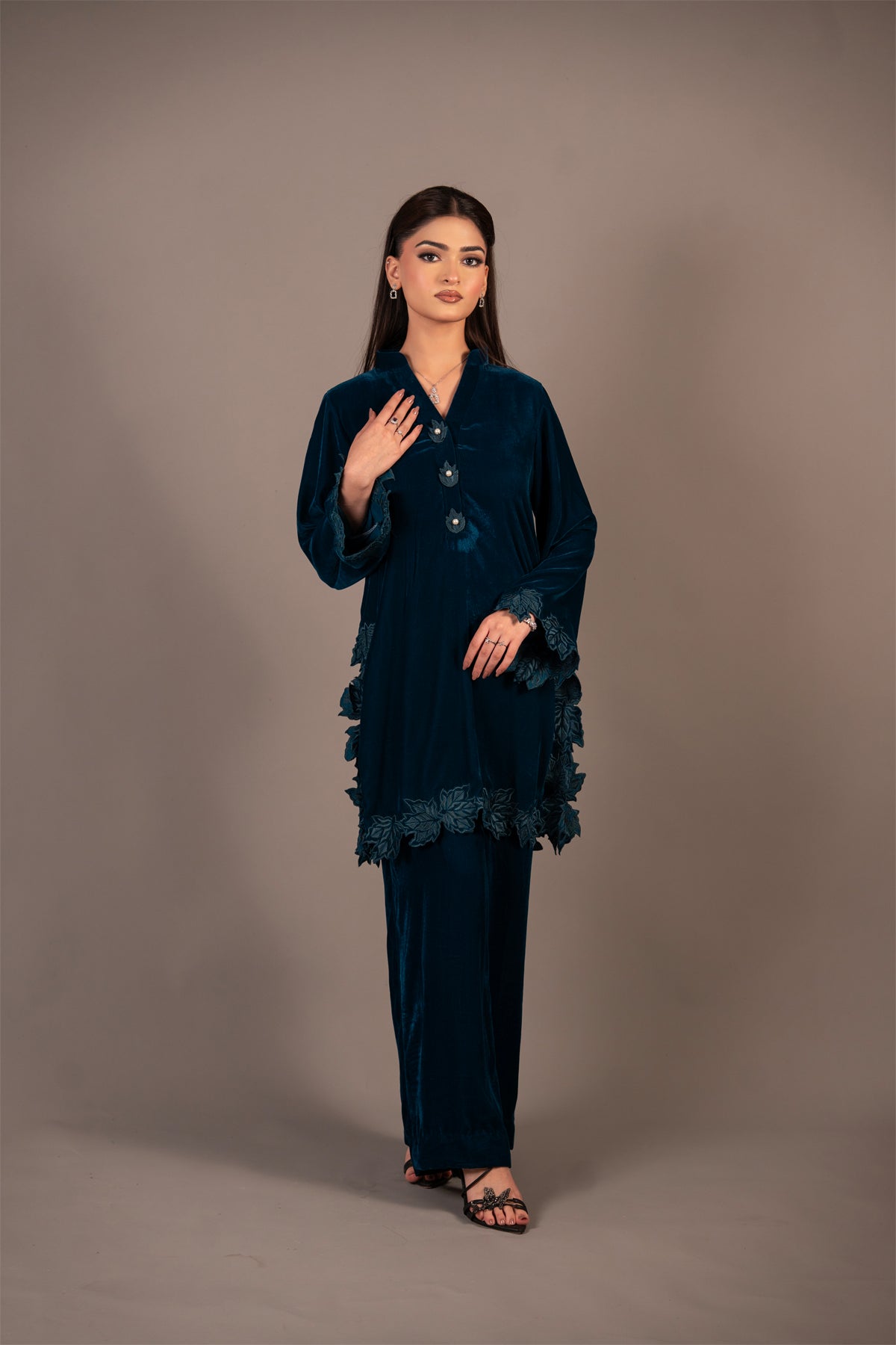 Teal Bloom teal blue pure velvet co-ord set with embroidered appliqué detailing by MariamRaj