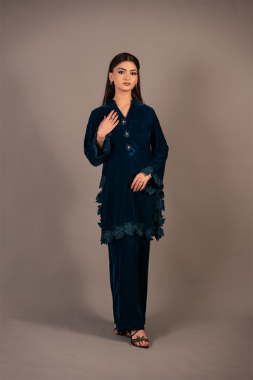 Teal Bloom teal blue pure velvet co-ord set with embroidered appliqué detailing by MariamRaj