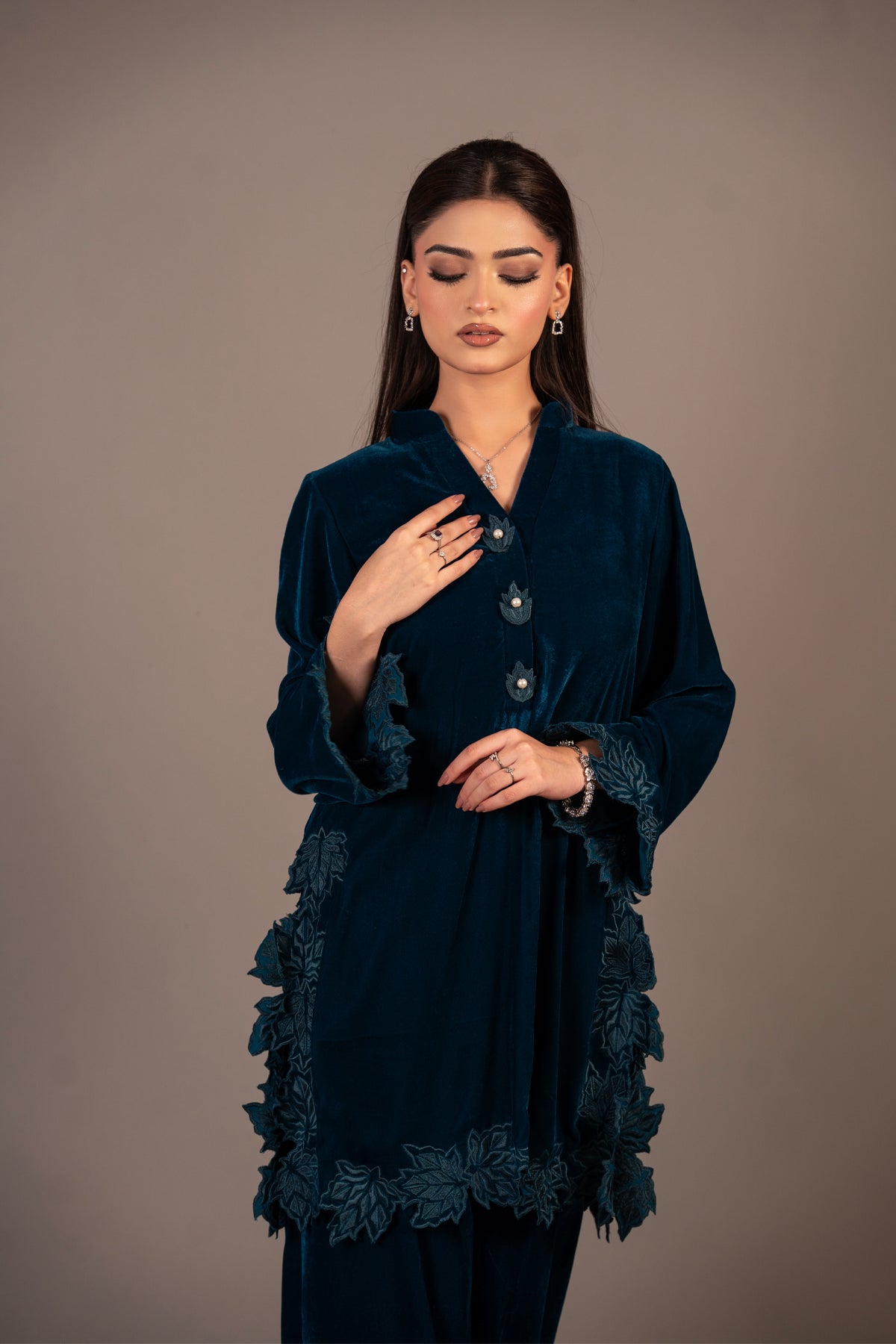 Teal Bloom teal blue pure velvet co-ord set with embroidered appliqué detailing by MariamRaj