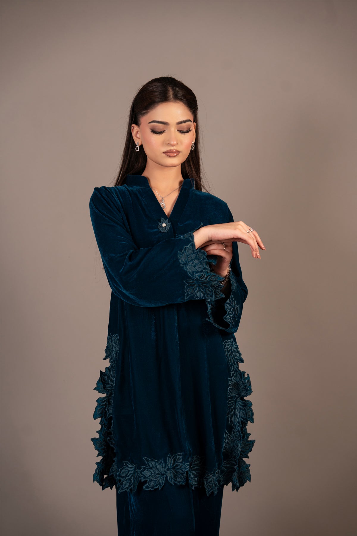 Teal Bloom teal blue pure velvet co-ord set with embroidered appliqué detailing by MariamRaj
