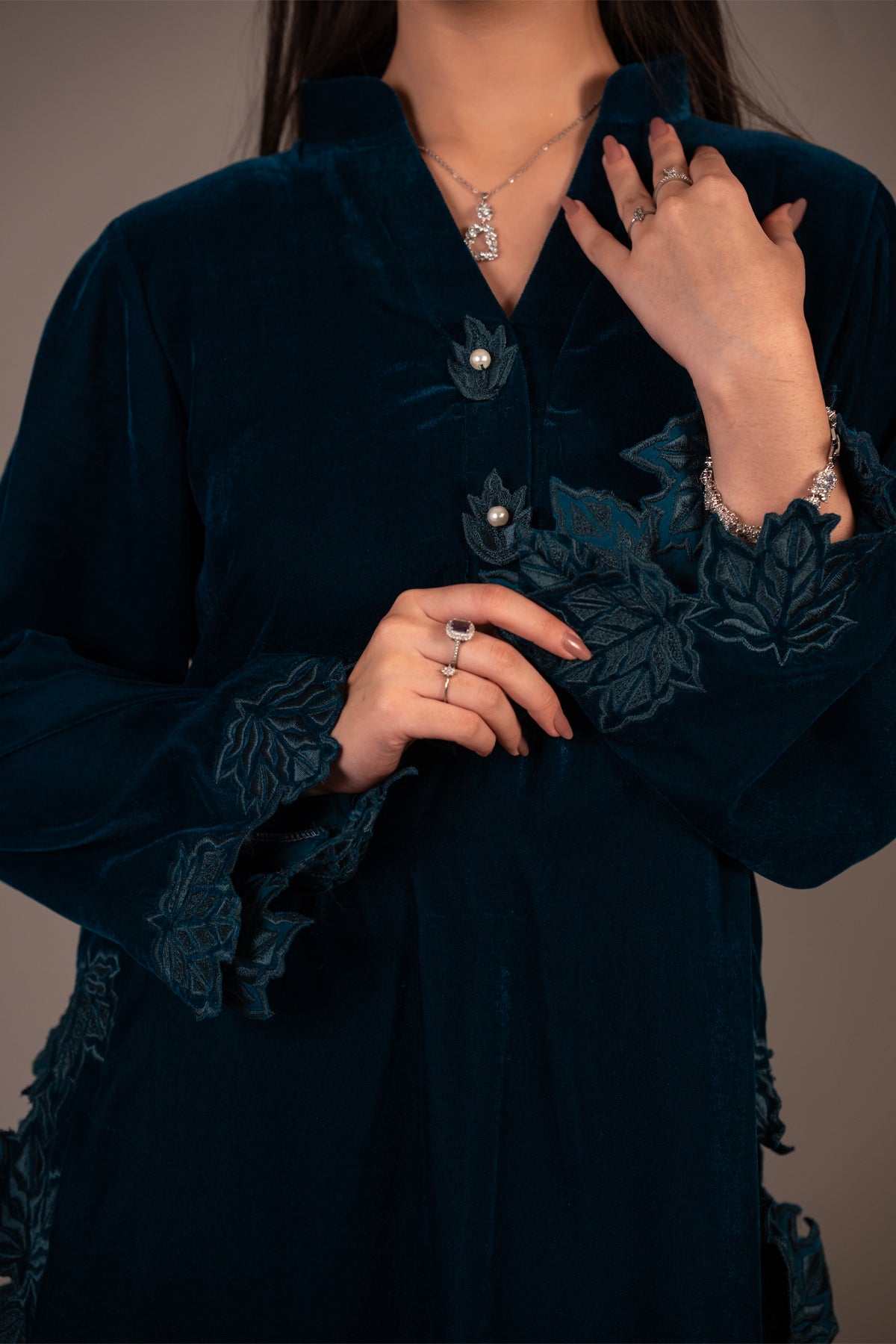 Teal Bloom teal blue pure velvet co-ord set with embroidered appliqué detailing by MariamRaj
