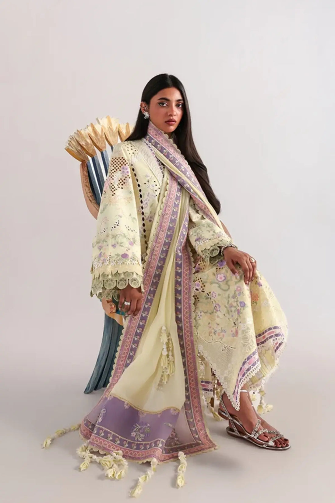 Telya lemon yellow chiffon dupatta lawn 3PC suit by Suffuse in stitched form