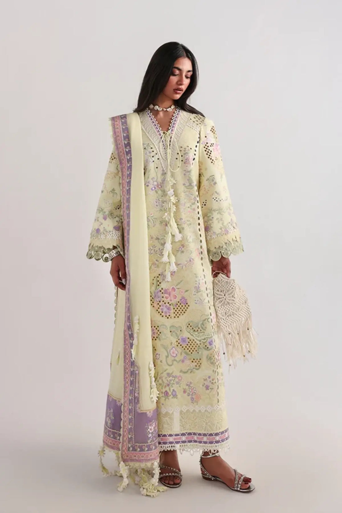 Telya lemon yellow chiffon dupatta lawn 3PC suit by Suffuse in stitched form