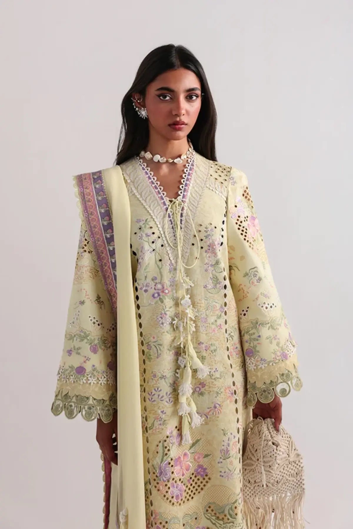 Telya lemon yellow chiffon dupatta lawn 3PC suit by Suffuse in stitched form