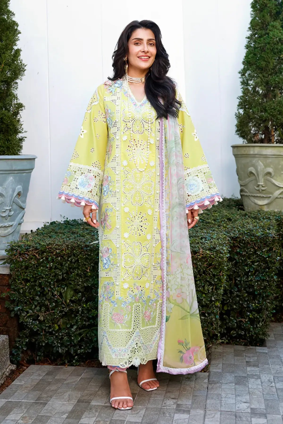 Tender Whisper Mushq Amoi yellow chikan lawn stitched 3PC suit with chiffon dupatta