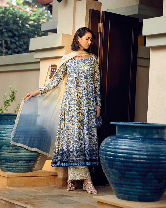 Terylin- Blue Floral Korean Raw Silk Kalidaar Ensemble By-Faiza Saqlain