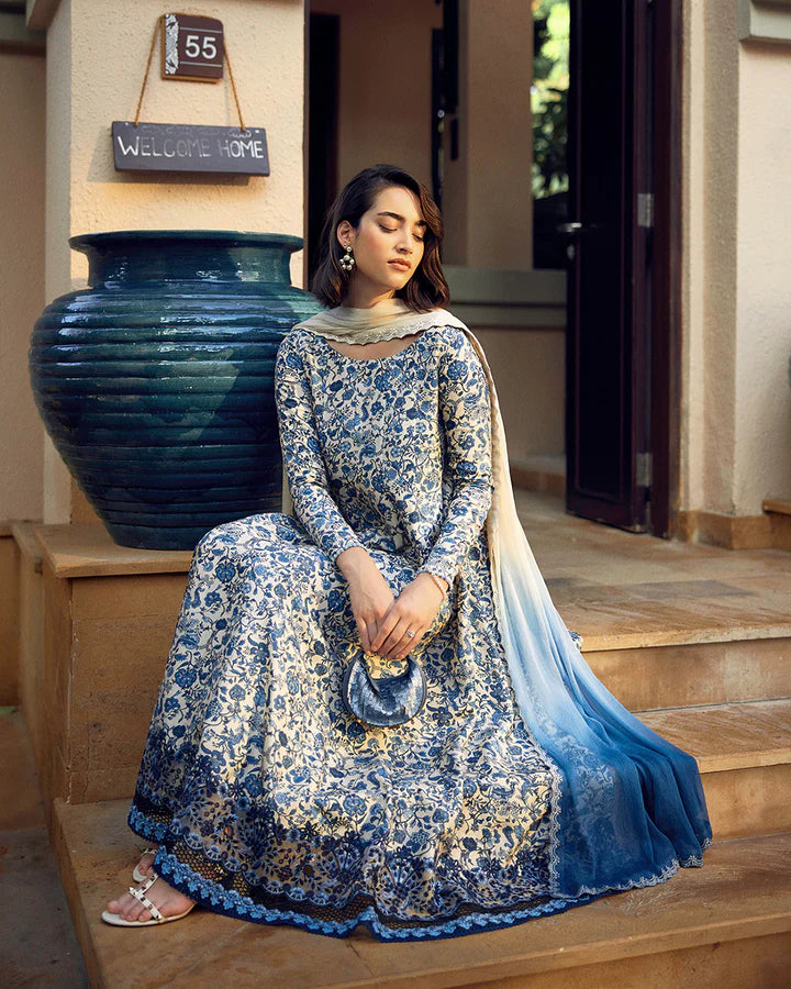 Terylin- Blue Floral Korean Raw Silk Kalidaar Ensemble By-Faiza Saqlain