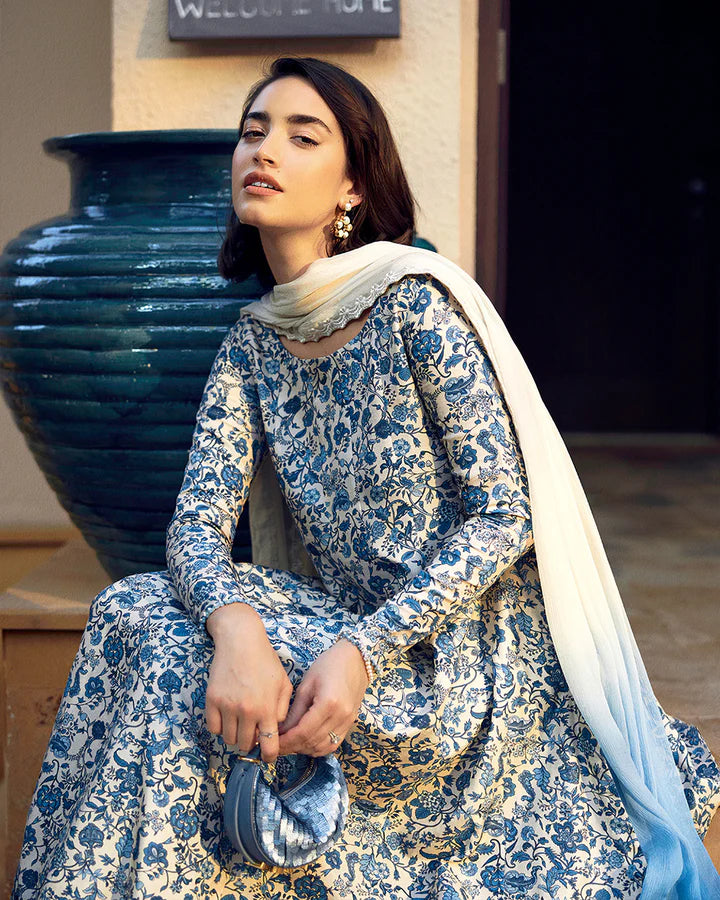 Terylin- Blue Floral Korean Raw Silk Kalidaar Ensemble By-Faiza Saqlain