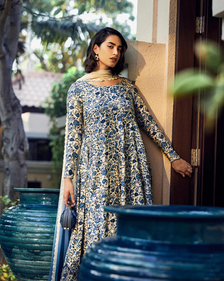 Terylin- Blue Floral Korean Raw Silk Kalidaar Ensemble By-Faiza Saqlain