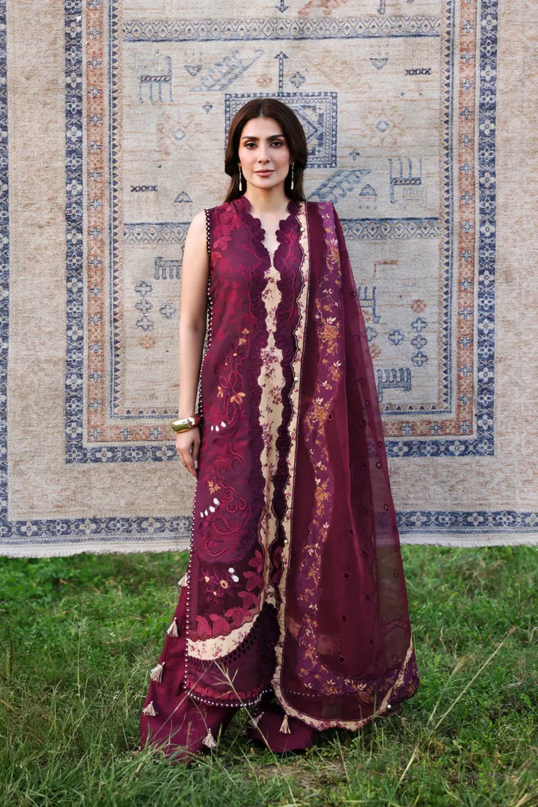 Thalia plum Afrozeh A Lawn 2026 stitched 3PC suit with embroidered shirt and Swiss dupatta