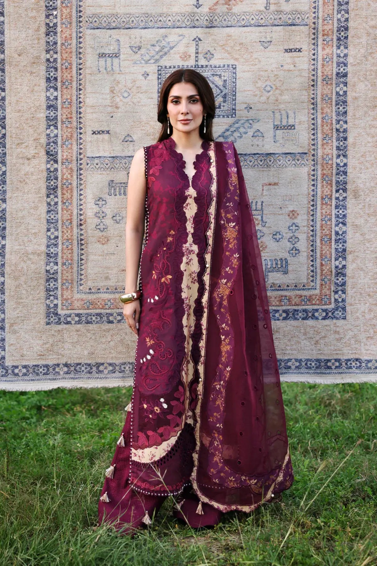 Thalia plum Afrozeh A Lawn 2026 stitched 3PC suit with embroidered shirt and Swiss dupatta