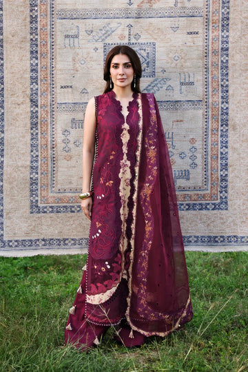 Thalia plum Afrozeh A Lawn 2026 stitched 3PC suit with embroidered shirt and Swiss dupatta