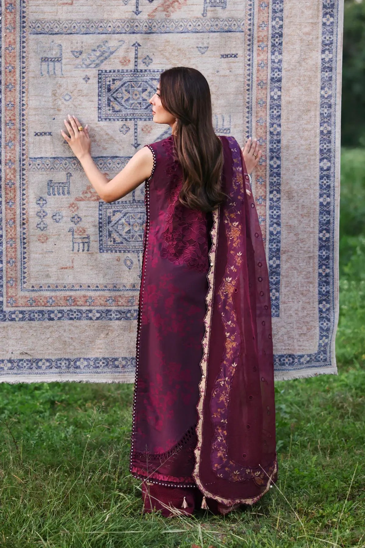 Thalia plum Afrozeh A Lawn 2026 stitched 3PC suit with embroidered shirt and Swiss dupatta