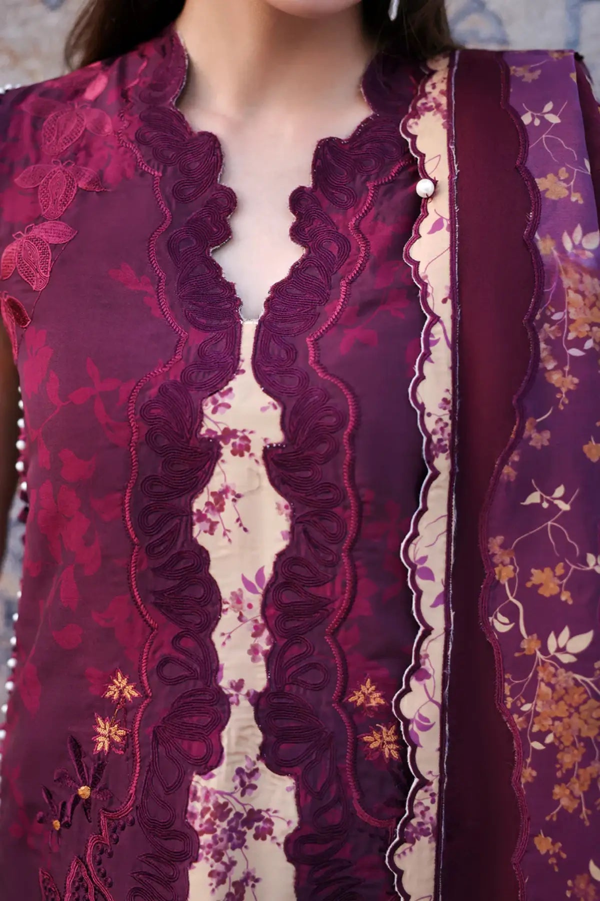 Thalia plum Afrozeh A Lawn 2026 stitched 3PC suit with embroidered shirt and Swiss dupatta