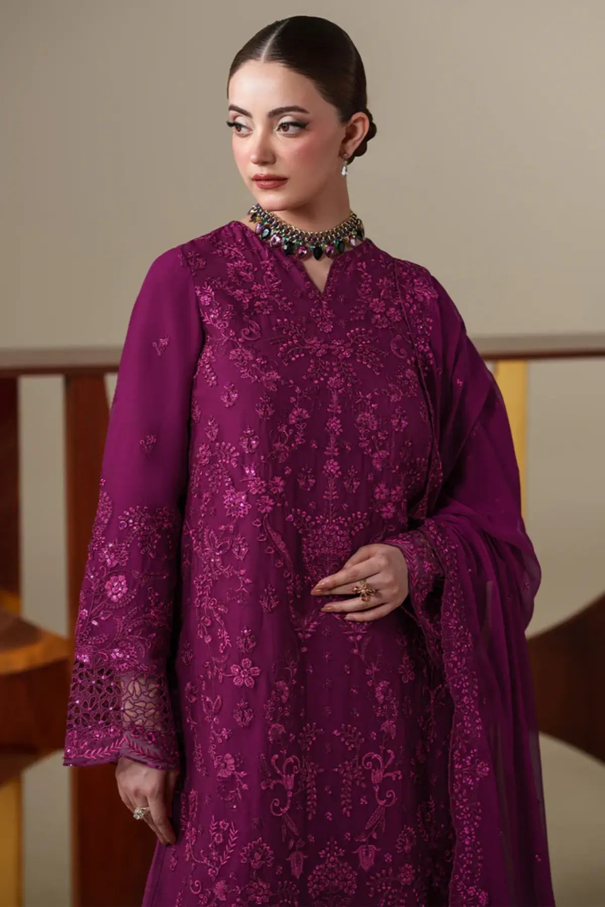 Thea Emaan Adeel Nouvelle Luxury Chiffon Plum Embroidered Stitched 3PC Suit | Pakistanimoda