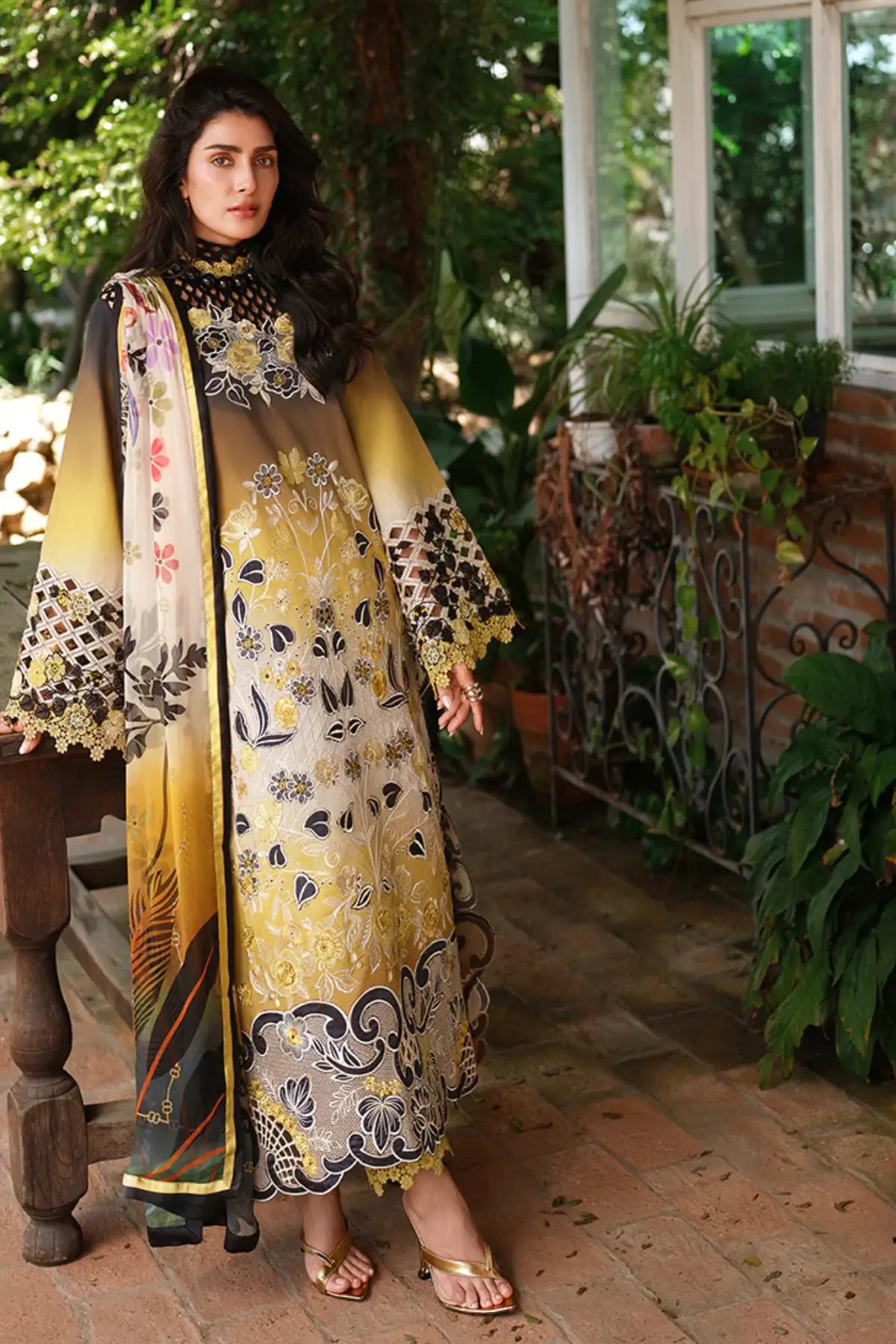 Timeless Charm by Mushq Amoi mustard stitched lawn 3PC with embroidered shirt, cotton trouser and chiffon dupatta