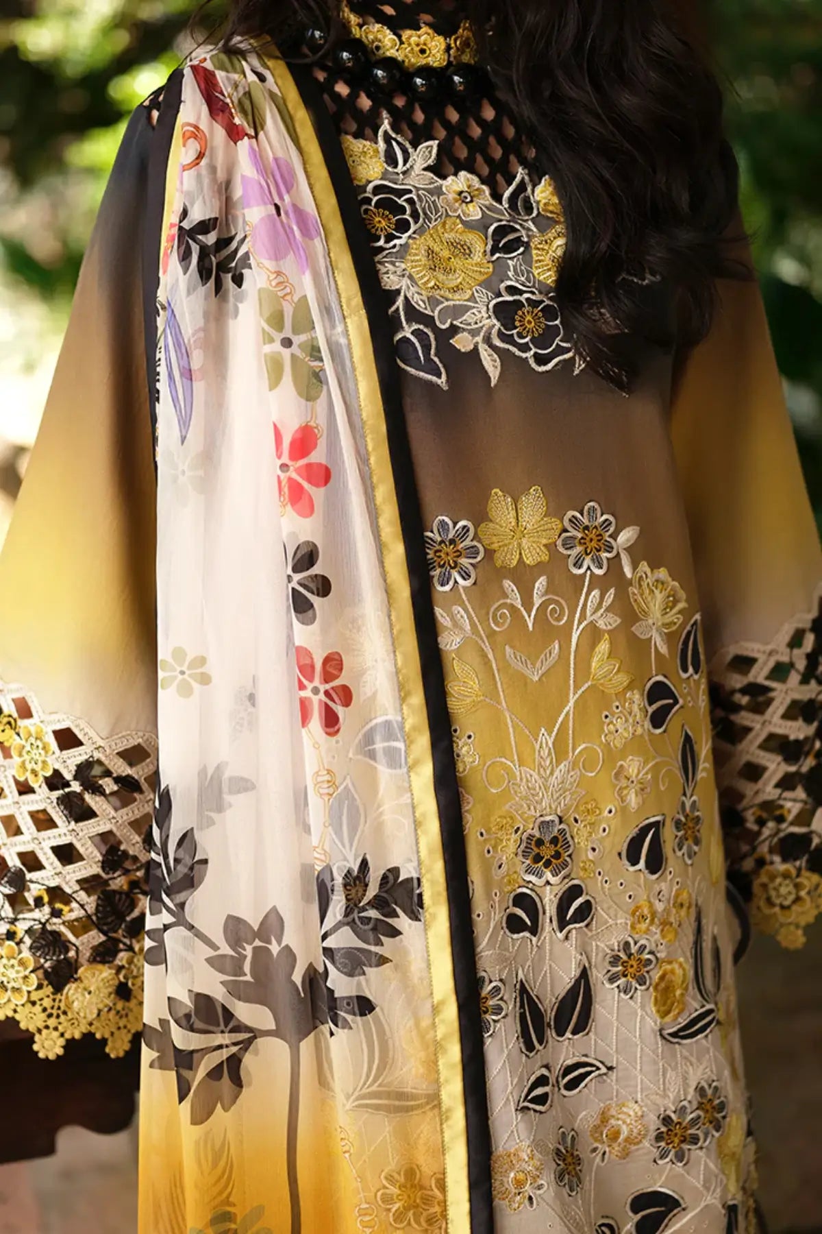 Timeless Charm by Mushq Amoi mustard stitched lawn 3PC with embroidered shirt, cotton trouser and chiffon dupatta