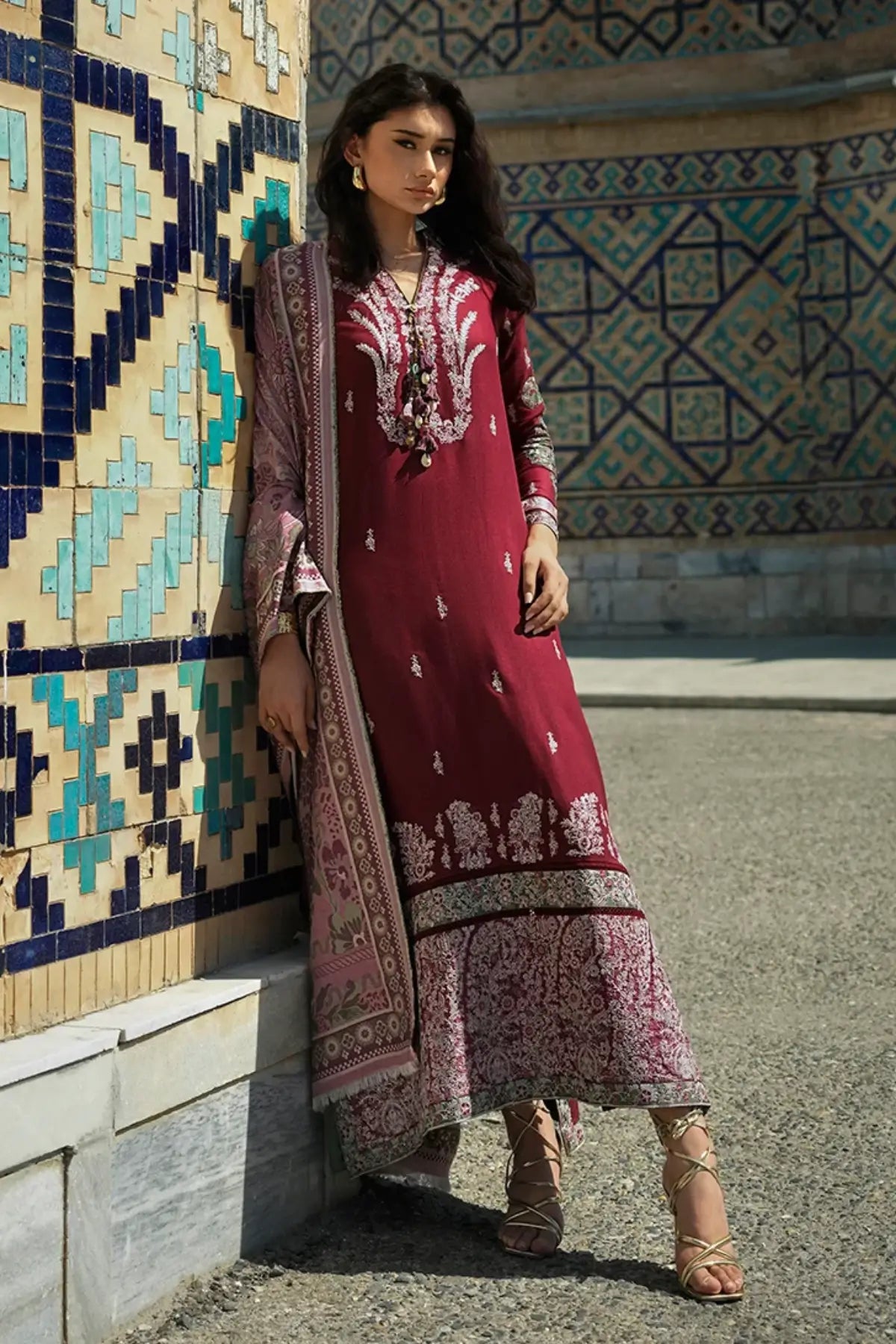 Timurid Rose by Mushq Broadway Winter 2026 berry pink embroidered crepe stitched winter suit with jacquard shawl