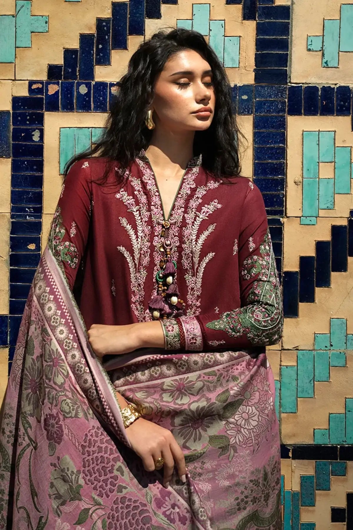 Timurid Rose by Mushq Broadway Winter 2026 berry pink embroidered crepe stitched winter suit with jacquard shawl