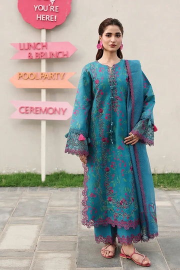 Tina Rang Rasiya Cobalt Blue Embroidered Lawn 3PC Suit with Organza Embellishments and Textured Dupatta