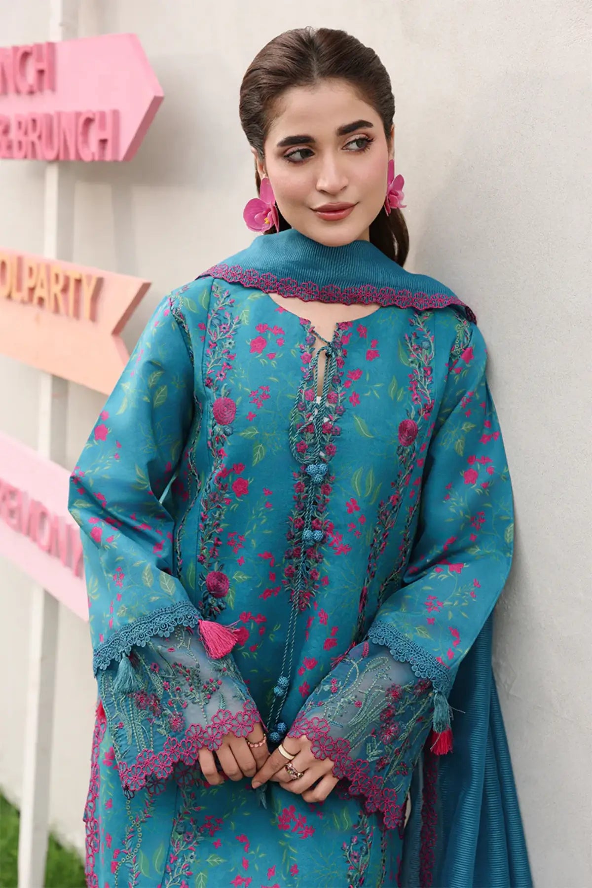 Tina Rang Rasiya Cobalt Blue Embroidered Lawn 3PC Suit with Organza Embellishments and Textured Dupatta