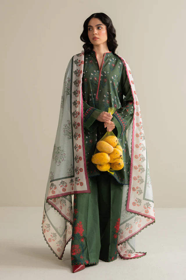 Tinsa-3A Pakistani lawn dress with moss green tones and silk dupatta