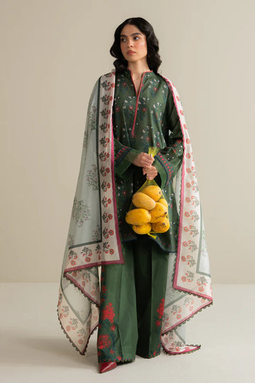 Tinsa-3A Pakistani lawn dress with moss green tones and silk dupatta