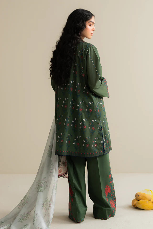 Tinsa-3A Pakistani lawn dress with moss green tones and silk dupatta