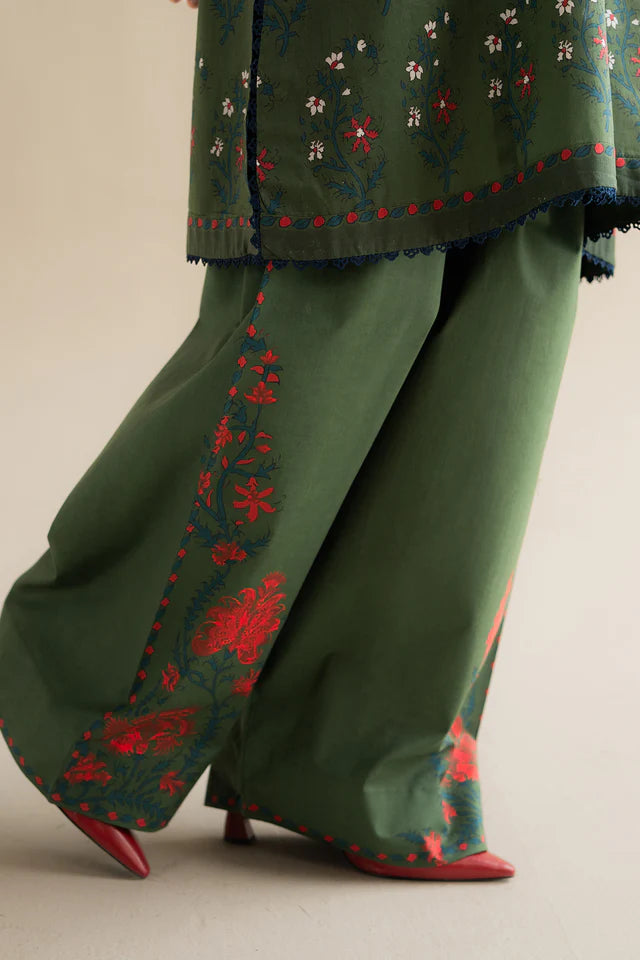 Tinsa-3A Pakistani lawn dress with moss green tones and silk dupatta