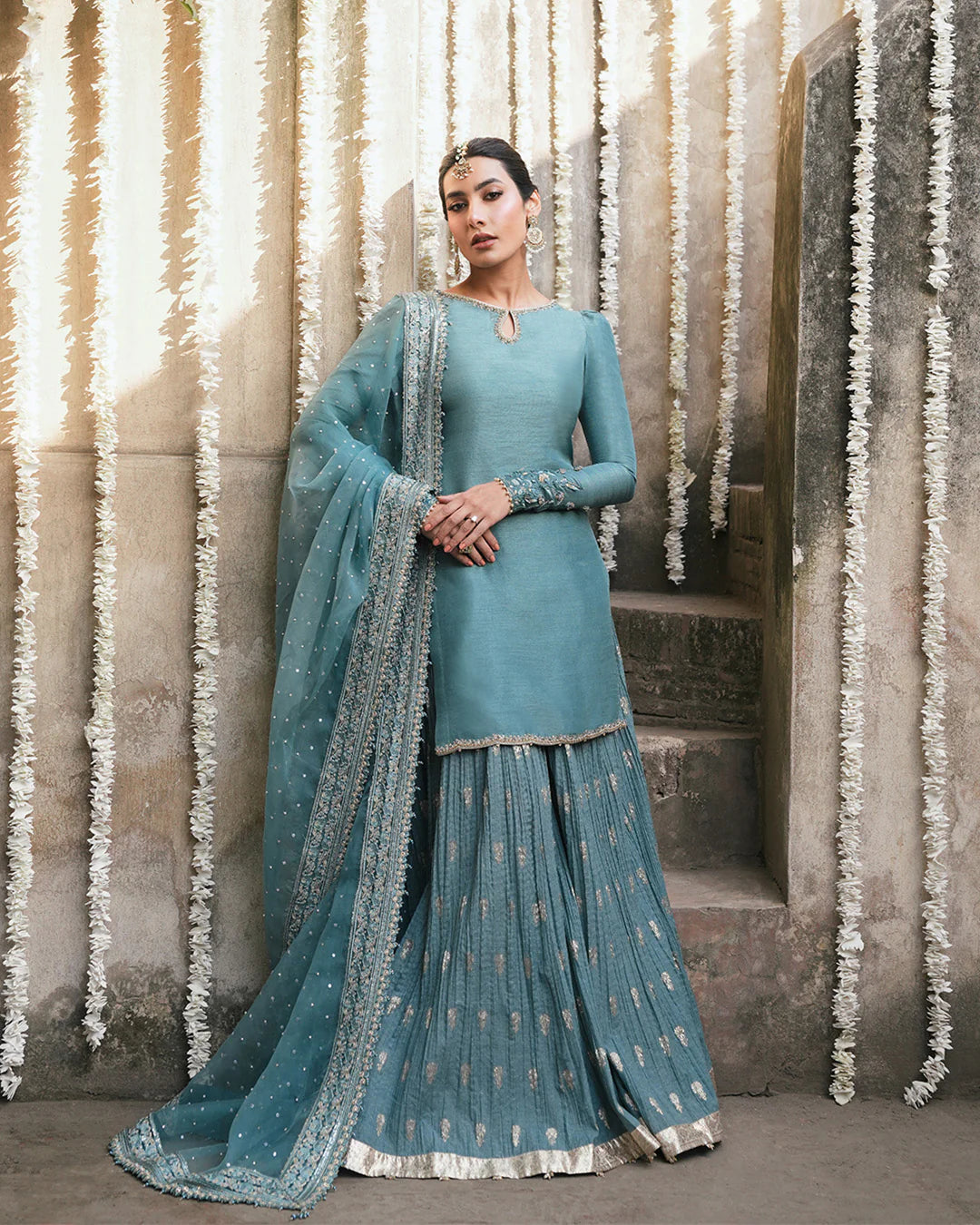 Tisha- Turquoise Blue Embellished Karandi Sharara Suit for Festive Events