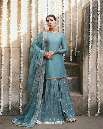 Tisha- Turquoise Blue Embellished Karandi Sharara Suit for Festive Events