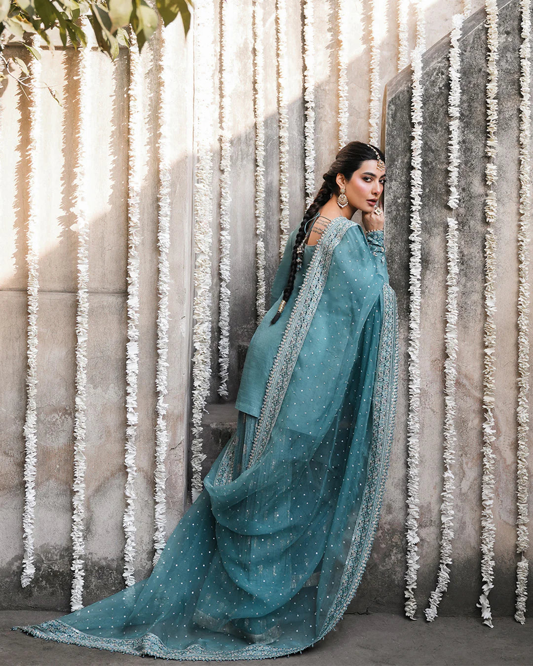 Tisha- Turquoise Blue Embellished Karandi Sharara Suit for Festive Events