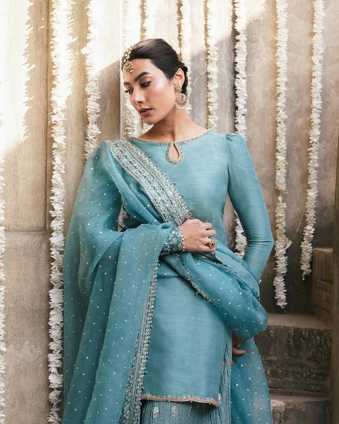 Tisha- Turquoise Blue Embellished Karandi Sharara Suit for Festive Events
