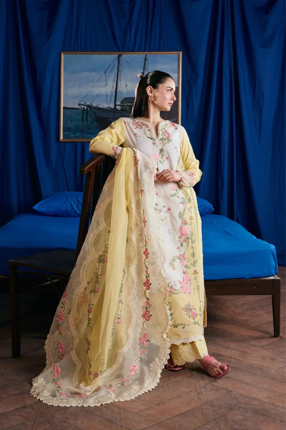 Titli Maryam Hussain Luxury Lawn Butter Yellow Stitched Suit with Embroidered Cotton Net Dupatta