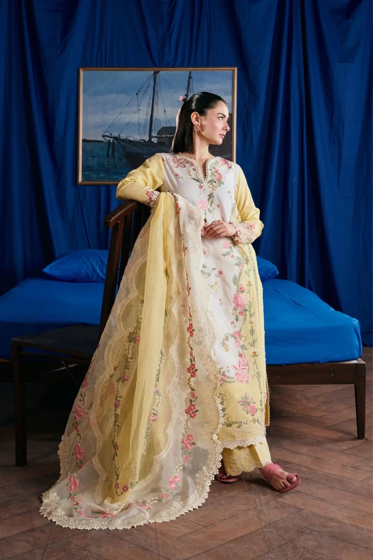 Titli Maryam Hussain Luxury Lawn Butter Yellow Stitched Suit with Embroidered Cotton Net Dupatta