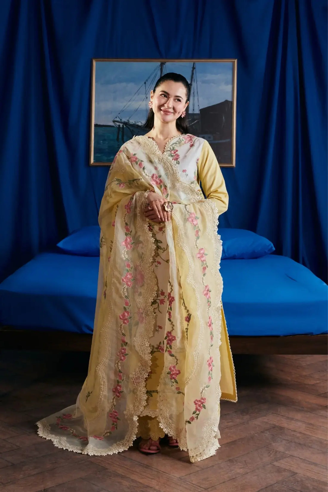 Titli Maryam Hussain Luxury Lawn Butter Yellow Stitched Suit with Embroidered Cotton Net Dupatta
